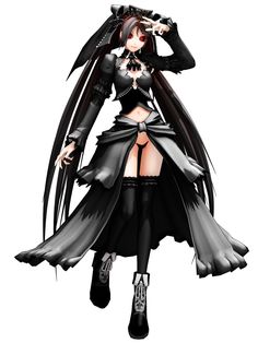 an anime character with long black hair wearing a dress and boots, standing in front of a