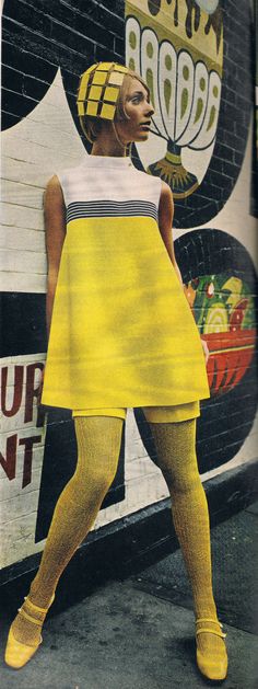 Cay Sanderson. Mademoiselle Nov 1967. Dainty Dresses, Vintage Fashion 70s, 60s Mod Fashion, Garment Inspiration, Yellow Tights, Fashion 60s, 60’s Fashion, Abyss Anime, 1960 Fashion