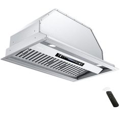 a white ceiling mounted exhaust fan with remote control on it's side and an electronic device attached to the vent