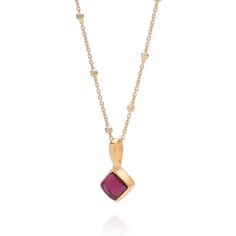 A stunning birthstone jewellery piece with a diamond-shaped cut Garnet gemstone for January birthstone that boasts deep red hues. The gemstone is handset into sterling silver and gold plated and paired with an 18" satellite chain, adding elegance and class to the design. Artisan crafted and an excellent personalised birthday gift option, this necklace is imbued with the natural beauty and lasting significance of the Garnet gemstone.  Garnet: reduce inflammation | detoxify | energise We want your jewellery to stay in great condition so you can enjoy it for years to come. With some simple steps you can help prolong the life of your pieces. Remove your jewellery daily, put it on as the last step when getting ready and the first thing you take off at the end of the day. Avoid spraying with per Ruby Birthstone Necklaces, Dainty Ruby Gemstone Birthstone Necklace, Fine Jewelry Red Gemstone Birthstone Necklace, Red Gemstone Birthstone Necklace Fine Jewelry, Dainty Ruby Gemstone Necklace, Elegant Ruby Birthstone Necklace, Elegant Ruby Briolette Necklace, Red Gemstone Jewelry As Gift For Her, Elegant Ruby Pendant Birthstone Necklace