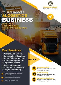 a yellow and black business brochure with trucks