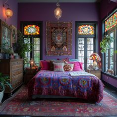 a bedroom with purple walls and stained glass windows