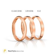 three different types of wedding rings with the names classic dome, low dome and flat