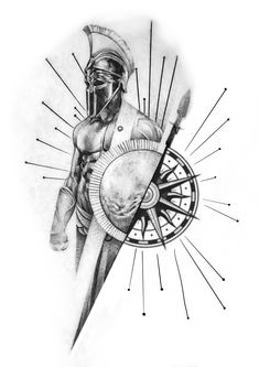 a black and white drawing of a person holding a shield