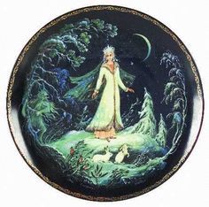 a plate with an image of a woman standing in the middle of a forest at night