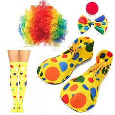 there is a clown's outfit, wigs and shoes