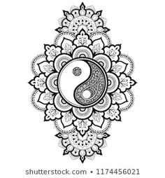 a black and white drawing of a yin - yang symbol on a flower design background