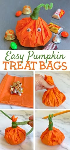 an easy pumpkin treat bag made out of orange paper