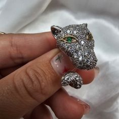 Thick Three Dimensional Sterling Silver Panther Ring Encrusted In Cz Stones. Green Synthetic Stone Eyes Major Statement Ring 14k Eye Outline Good Preowned Condition Sz 7.25 Ear To His Nose Is About 1 Inch Y Sterling Silver Rhinestone Ring, Silver Sterling Silver Ring With Rhinestones, Silver Rings With Rhinestones Fine Jewelry, White Gold Ring With Rhinestones, Formal Sterling Silver Rings With Rhinestones, Silver Crystal Rings With Hand Set Details, Luxury Rhinestone Ring Jewelry, Sterling Silver Diamond Ring With Sparkling Details, Silver Diamond Ring With Rhinestones