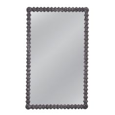 a rectangular mirror with braiding around the edges and an edge on the bottom, in grey