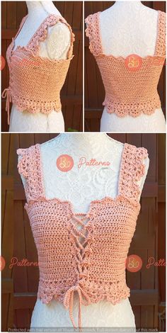 three different views of a woman's top with crocheted lace on it