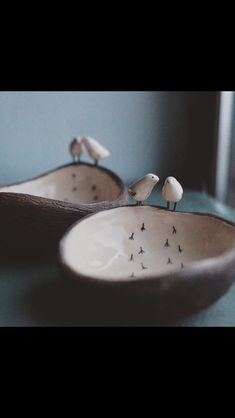 two ceramic bowls with birds on them sitting on top of each other in front of a mirror