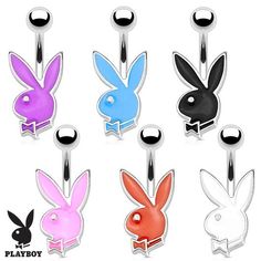 six different colored bunny ears are attached to the belly button bar in various colors and sizes