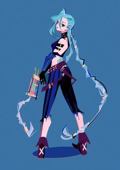 an anime character with blue hair and boots