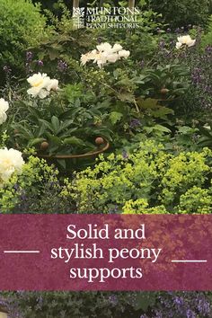 a garden with lots of flowers and plants in it, the title says solid and stylish peony supports