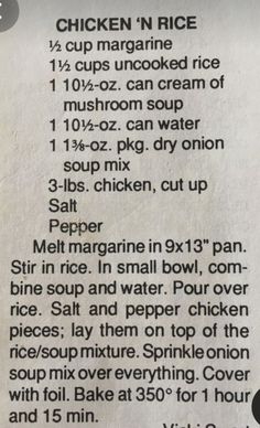 the ingredients for chicken n rice are shown in this recipe book, which includes instructions on how to make it