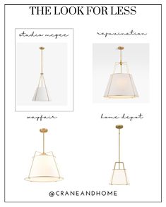 three different types of lamps with the words, the look for less