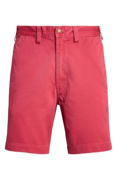 Classic and comfortable, these shorts made of brushed-cotton twill feature flat-front construction and a warm-weather appeal that's perfect for any outing. 8" inseam; 9 3/4" front rise (size 32) Zip fly with button closure Front slant pockets; coin pocket; back button-welt and button-and-loop welt pockets 100% cotton Machine wash, line dry Imported Solid High-waisted Cotton Bermuda Shorts, High-waisted Solid Bermuda Shorts In Cotton, Casual Red Bermuda Shorts For Summer, Classic Cotton Bermuda Shorts, Cotton Bermuda Shorts With Short Inseam, Solid Color Bermuda Cotton Shorts, Classic Cotton Shorts For Spring, Red Cotton Shorts For Summer, Casual Red Knee-length Shorts