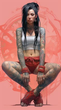 a woman with tattoos sitting on top of a chair next to a pink background and red shoes