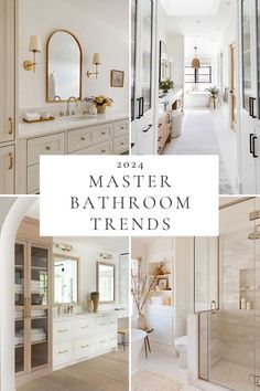 Beautiful bathroom trends for 2024, with decor ideas and designer inspiration for master bathrooms, powder rooms, vanity cabinets, color trends, lighting, small bath ideas, mixed metals, and more Bathroom Vanity Ideas Gold Hardware, His And Her Bathroom Ideas Decor Master Bath, Calacatta Gold Bathroom Interior Design, Beige Master Bath Ideas, Master Bath With Gold Fixtures, Bathroom Decor Ideas 2024, Master Bath Color Ideas, Contemporary Classic Bathroom, Southern Powder Room