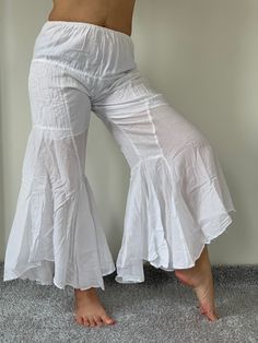 "Gauze Bells Lady Cotton Gauze, Yoga Dance Play Pants They are light, but not transparent, having a shorts lining of cotton. Wide smocking in the back provides a comfortable fit for all the moves. Measurements: Waist: 22\"-44\" inches around, expandable Hip (booty): up to 44\" inches around Inseam 26\" Total length: 37\" #gauze cotton, olive green, shorts lining, smocking, elastic ❤️ Special offer Coupon code❤️ BUYFOR2 : Get discount 10% for the order 2 items. BUYFOR3 : Get discount 15% for the White Stretch Bottoms For Festivals, Bohemian White Yoga Bottoms, White Stretch Bohemian Pants, White Bohemian Stretch Pants, Solid Color Short Leg Beach Pants, Stretch Cotton Bottoms For Yoga, Fitted Cotton Bloomers With Elastic Waistband, Short Leg Pants For Beach, Stretch Cotton Yoga Bottoms