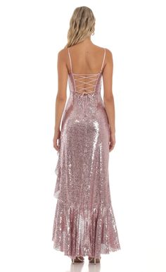 Sequin Ruffle Dress in Rose Gold | LUCY IN THE SKY Rose Gold Homecoming Dress, Homecoming Dresses Sparkly, Cute Cheap Outfits, Purple Maxi Dress, Lucy In The Sky, Homecoming Dresses Long, Sequin Fabric, Beauty Trends, Fancy Dresses