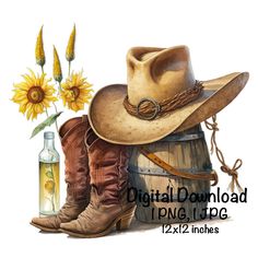 a cowboy hat, boots and sunflowers are sitting on top of a barrel