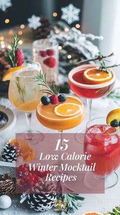 various cocktails with text overlay that reads 15 low calorie winter cocktail recipes