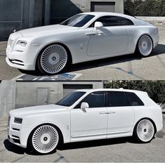 the white rolls royce is parked in front of a building and another photo shows it's side view