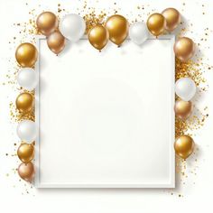 a white square frame with gold and white balloons in the middle, surrounded by confetti