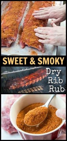 the ingredients for sweet and smoky bbq rubs are shown in this collage