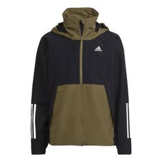 Adidas BSC 3S R.R JKT Contrast Color Stitching Hooded Jacket Olive Green H65774 (Men's) Adidas Hooded Windbreaker With Pockets, Adidas Functional Hooded Windbreaker, Functional Adidas Hooded Windbreaker, Sporty Khaki Hooded Jacket With Adjustable Hood, Adidas Green Winter Windbreaker, Adidas Hooded Windbreaker For Outdoor, Adidas Hooded Outdoor Hoodie, Adidas Functional Hooded Jacket For Outdoor Activities, Adidas Outdoor Outerwear With Drawstring Hood