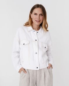 Cropped linen jacket LEURA in White - MagicLinen modelBoxOn White Denim Jacket, Linen Jacket, Distressed Denim Jacket, Spring Jackets, Perfect Jeans, White Jacket, Field Jacket, Trucker Jacket, White Denim