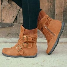 Cushioned Low-Calf Buckled Boots Low Heel Knitted Fabric Zipper Slip On Boots Buckled Boots, Ankle Heels, Fabric Shoes, Rounded Toe Boots, Buckle Boots, Flat Boots, Womens Heels