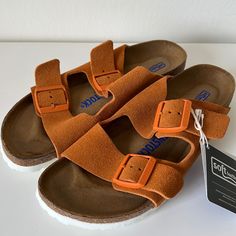 Birkenstock Arizona Bs Sandal Narrow Fit Size 8 Women’s Shoes Color: Russet Orange Brand New With Tags Box Included Orange Birkenstock Outfit, Brown Slip-on Footbed Sandals For Outdoor, Brown Suede Sandals For Outdoor, Casual Brown Footbed Sandals For Outdoor, Comfortable Brown Sandals For Outings, Brown Suede Slides With Buckle Closure, Casual Brown Sandals For Outings, Brown Beach Slides With Cork-bed Midsoles, Brown Slides With Cork-bed Midsoles For Beach