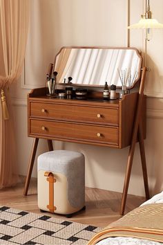 Modern Classic Wood Makeup Vanity Set in walnut with a 360° mirror, 2 drawers, and a chic upholstered stool. Sleek design with ample storage. Vanity Set Up, Wood Makeup Vanity, Wood Working Ideas, Makeup Vanity Set, Upholstered Stool, Wood Project, Classic Decor, Wooden Storage, Room Aesthetic