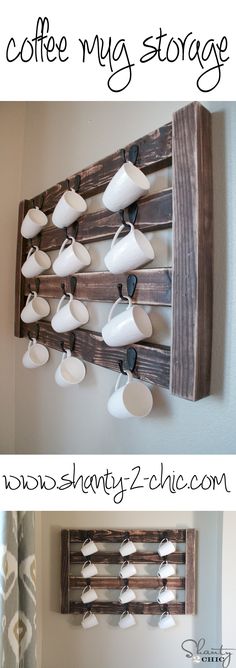 coffee mugs are hanging on the wall in this diy coffee cup storage rack