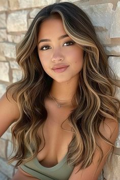 Light Hair Color Ideas For Brunettes, Balayage Hair Brown Caramel, Highlights Brown Hair With Money Piece, Highlights Brown Hair Balayage Brunettes, Money Peace Hair Brown, Cap Highlights On Dark Hair, Blond Money Piece On Dark Hair, Best Hair Colors For Brown Skin, Balayage Hair Money Piece