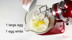 an egg being whisked into a red blender with the words, 1 large egg 1 egg white