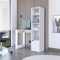 a white desk and chair in a room