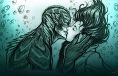 a drawing of two people kissing in front of water droplets on a glass surface with bubbles coming from them