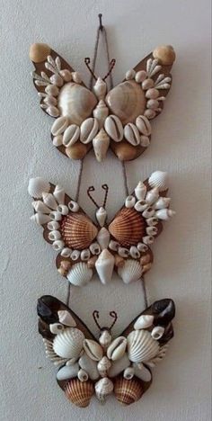 three butterflies made out of seashells hanging on a wall