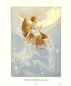 an illustration of two children flying in the sky on top of a moon with stars