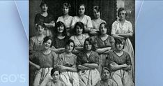 an old black and white photo of women in tennis uniforms posing for a group photograph