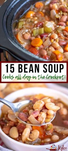 bean soup in a crockpot with spoon