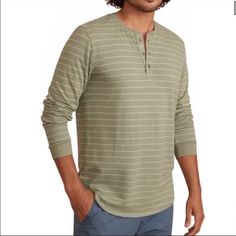 Nwt Marine Layer Long Sleeve Henley Shirt Dusty Olive Size Xl Brand New With Tags Super Soft! Green Cotton Henley Neckline Top, Green Cotton Top With Henley Neckline, Casual Henley Neckline Tops For Gatherings, Casual Cotton Shirt With Henley Neckline, Casual Cotton Henley Shirt, Casual Henley Neckline Tops With Relaxed Fit, Casual Striped Shirt For Loungewear, Casual Henley Neckline Tops For Loungewear, Henley Shirt Men