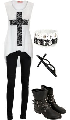 "Untitled" by ❤ Polyvore Emo Combat Boots Outfit, Rocker Chick, Boots White, Rock Outfits, Rock Punk, Emo Outfits, Black Cross, Punk Outfits