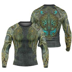 Battlefitgear Viking Wildlife Natural Long Sleeve Rash Guard Green Sporty Rash Guard, Green Fitted Sporty Rash Guard, Fitted Long Sleeve Green Rash Guard, Fitted Green Long Sleeve Rash Guard, Green Stretch Rash Guard For Sports, Fitted Green Outdoor Tops, Fitted Green Tops For Outdoor, Moisture-wicking Fitted Crew Neck Rash Guard, Outdoor Fitted Moisture-wicking Rash Guard