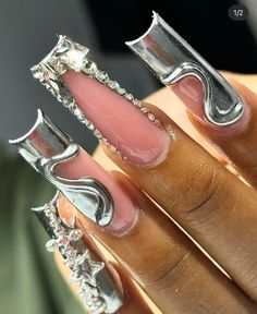 Chrome Nails Silver, Acrylic Nail Designs Classy, Hard Nails, Diy Acrylic Nails, Drip Nails, Baddie Nails, Colored Acrylic Nails, Girly Acrylic Nails, French Acrylic Nails