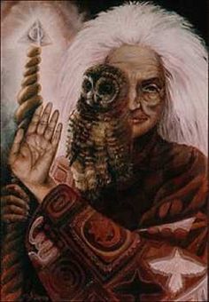 a painting of an old man with white hair and owls on his hands, holding a crystal ball in front of him